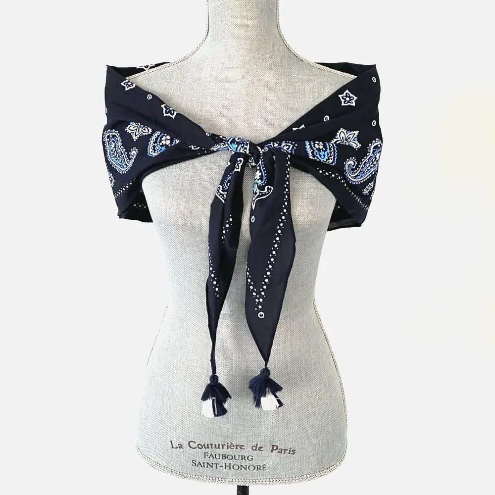 American Eagle Navy Blue Paisley Triangle Bandana / Sarong /Top Tassels Vacation
